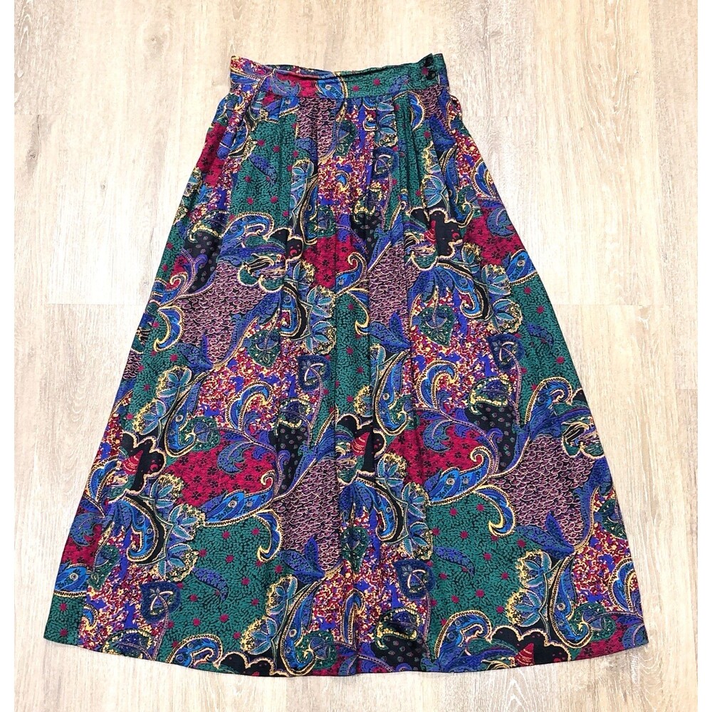 Vintage 80s Made in USA Paisley Pleated Maxi Skirt XS